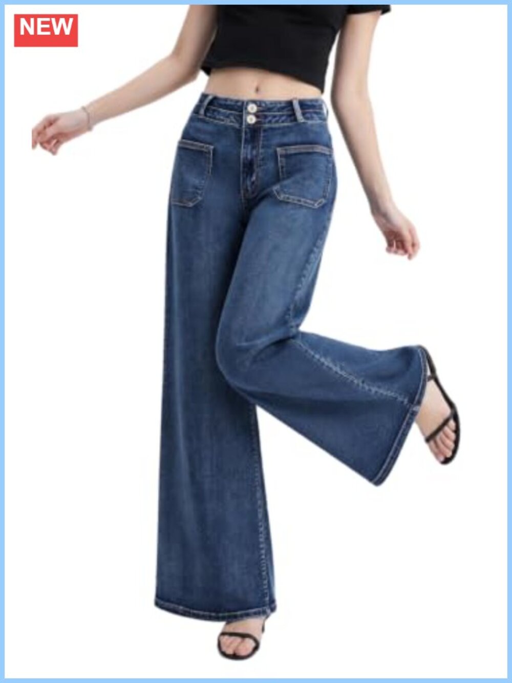High Waist Wide Leg Jeans Stretchy Loose Denim Pants Two Button